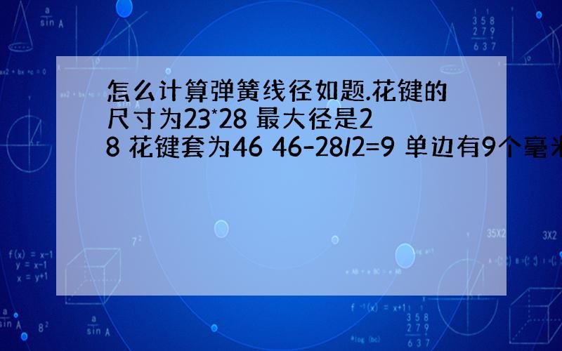 怎么计算弹簧线径如题.花键的尺寸为23*28 最大径是28 花键套为46 46-28/2=9 单边有9个毫米.那么线径应