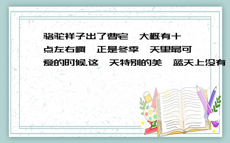 骆驼祥子出了曹宅,大概有十一点左右啊,正是冬季一天里最可爱的时候.这一天特别的美,蓝天上没有一点晕,日光从干凉的空气中射