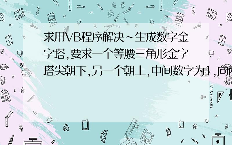 求用VB程序解决~生成数字金字塔,要求一个等腰三角形金字塔尖朝下,另一个朝上,中间数字为1,向两个方向递推增加.最多到数