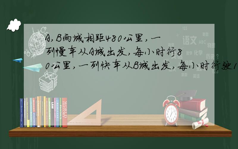 A,B两城相距480公里,一列慢车从A城出发,每小时行80公里,一列快车从B城出发,每小时行驶120公里.