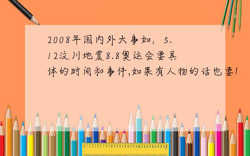 2008年国内外大事如：5.12汶川地震8.8奥运会要具体的时间和事件,如果有人物的话也要!