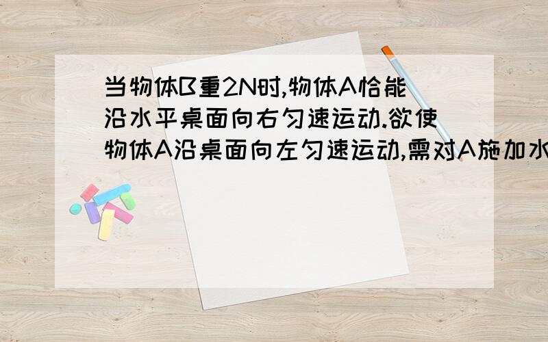 当物体B重2N时,物体A恰能沿水平桌面向右匀速运动.欲使物体A沿桌面向左匀速运动,需对A施加水平向左的拉力＿＿.（不计绳