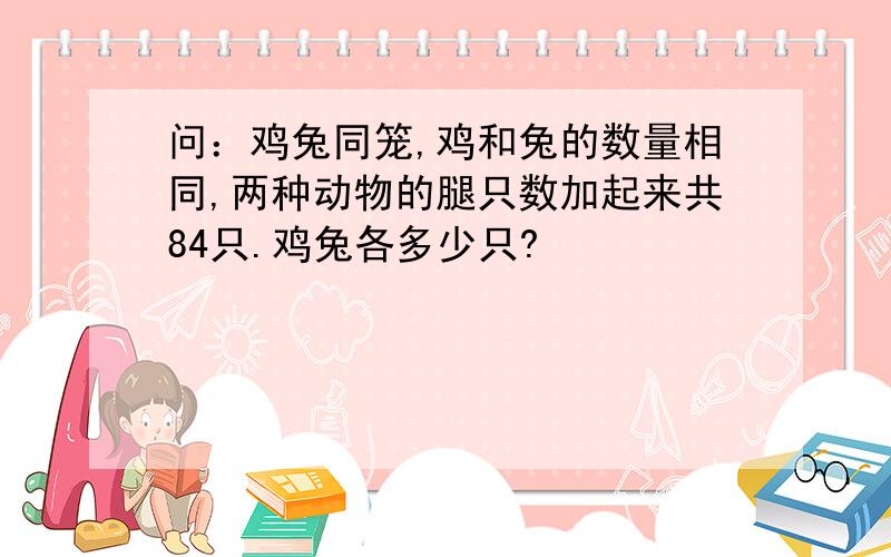 问：鸡兔同笼,鸡和兔的数量相同,两种动物的腿只数加起来共84只.鸡兔各多少只?