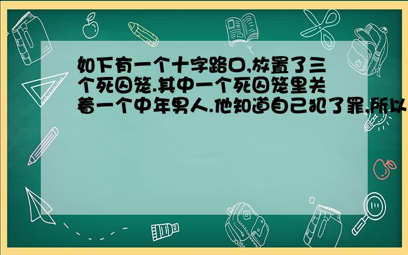 如下有一个十字路口,放置了三个死囚笼.其中一个死囚笼里关着一个中年男人.他知道自己犯了罪,所以才在笼子里,但他却记不得自