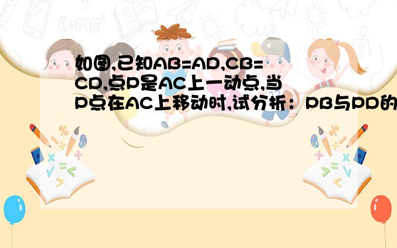 如图,已知AB=AD,CB=CD,点P是AC上一动点,当P点在AC上移动时,试分析：PB与PD的大小变化