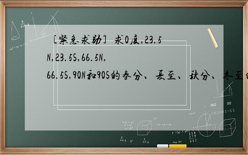 ［紧急求助］求0度,23.5N,23.5S,66.5N,66.5S,90N和90S的春分、夏至、秋分、冬至的各个正午太阳