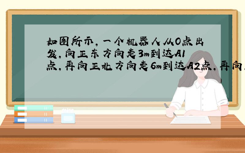 如图所示,一个机器人从O点出发,向正东方向走3m到达A1点,再向正北方向走6m到达A2点,再向正西方向走9米到