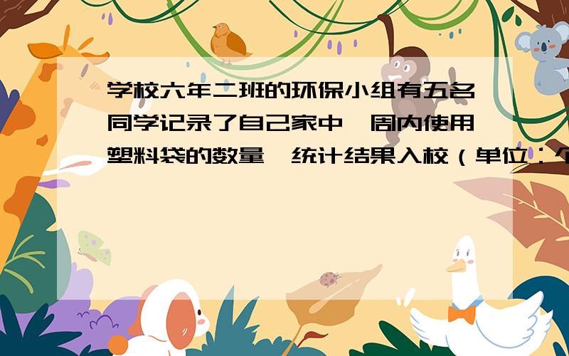 学校六年二班的环保小组有五名同学记录了自己家中一周内使用塑料袋的数量,统计结果入校（单位：个）27、25