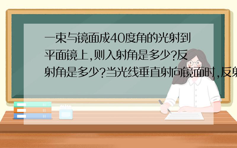 一束与镜面成40度角的光射到平面镜上,则入射角是多少?反射角是多少?当光线垂直射向镜面时,反射角是多