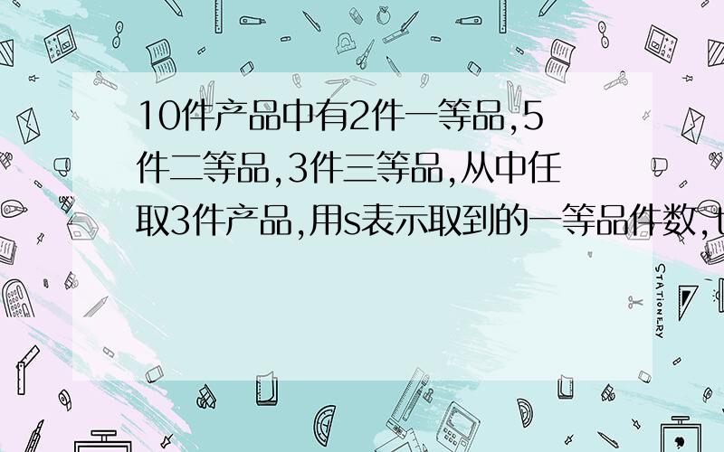 10件产品中有2件一等品,5件二等品,3件三等品,从中任取3件产品,用s表示取到的一等品件数,t表示取到的二等品件数.求