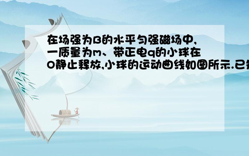 在场强为B的水平匀强磁场中,一质量为m、带正电q的小球在O静止释放,小球的运动曲线如图所示.已知此曲线的最低点的曲率半径