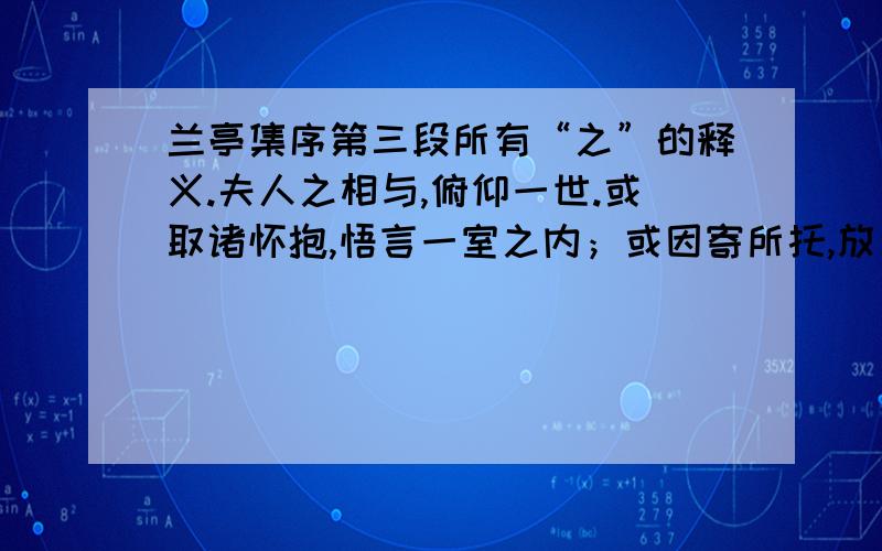 兰亭集序第三段所有“之”的释义.夫人之相与,俯仰一世.或取诸怀抱,悟言一室之内；或因寄所托,放