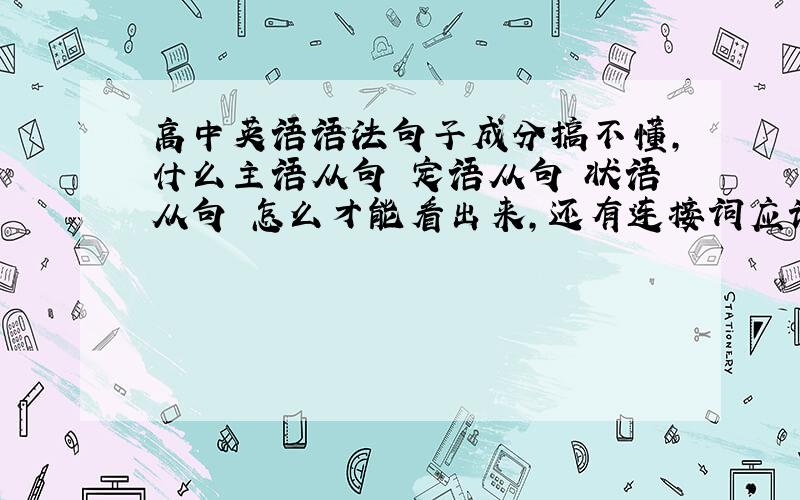 高中英语语法句子成分搞不懂,什么主语从句 定语从句 状语从句 怎么才能看出来,还有连接词应该怎么用