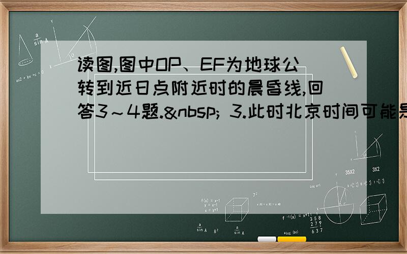 读图,图中OP、EF为地球公转到近日点附近时的晨昏线,回答3～4题.  3.此时北京时间可能是 &n