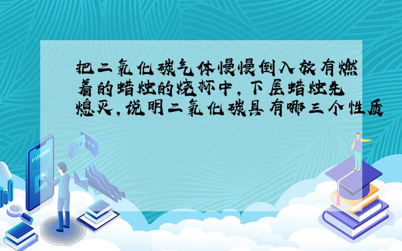 把二氧化碳气体慢慢倒入放有燃着的蜡烛的烧杯中,下层蜡烛先熄灭,说明二氧化碳具有哪三个性质