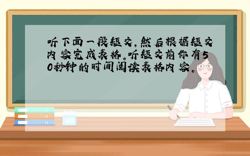 听下面一段短文，然后根据短文内容完成表格。听短文前你有50秒钟的时间阅读表格内容。