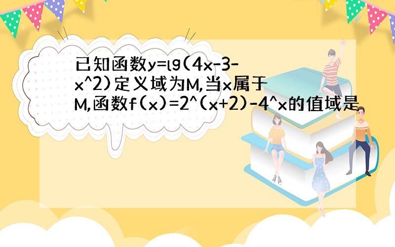 已知函数y=lg(4x-3-x^2)定义域为M,当x属于M,函数f(x)=2^(x+2)-4^x的值域是