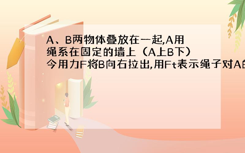 A、B两物体叠放在一起,A用绳系在固定的墙上（A上B下）今用力F将B向右拉出,用Ft表示绳子对A的拉力