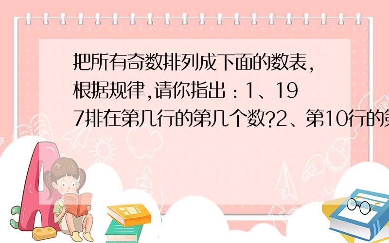 把所有奇数排列成下面的数表,根据规律,请你指出：1、197排在第几行的第几个数?2、第10行的第9个数是?