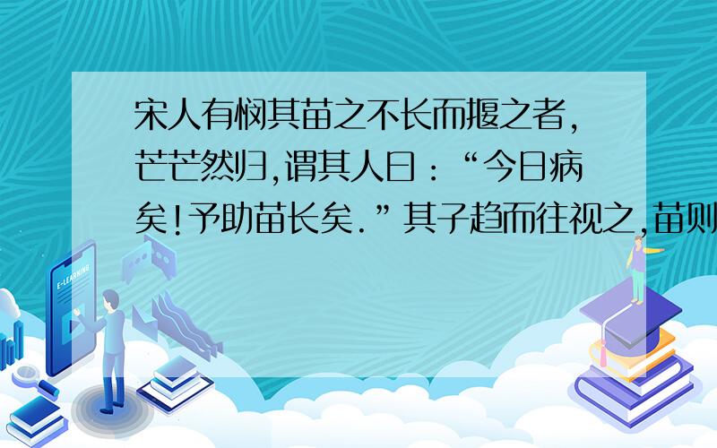 宋人有悯其苗之不长而揠之者,芒芒然归,谓其人曰：“今日病矣!予助苗长矣.”其子趋而往视之,苗则槁矣.天下之不助苗长者寡矣