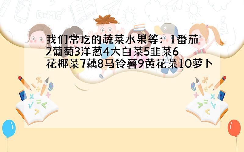 我们常吃的蔬菜水果等：1番茄2葡萄3洋葱4大白菜5韭菜6花椰菜7藕8马铃薯9黄花菜10萝卜