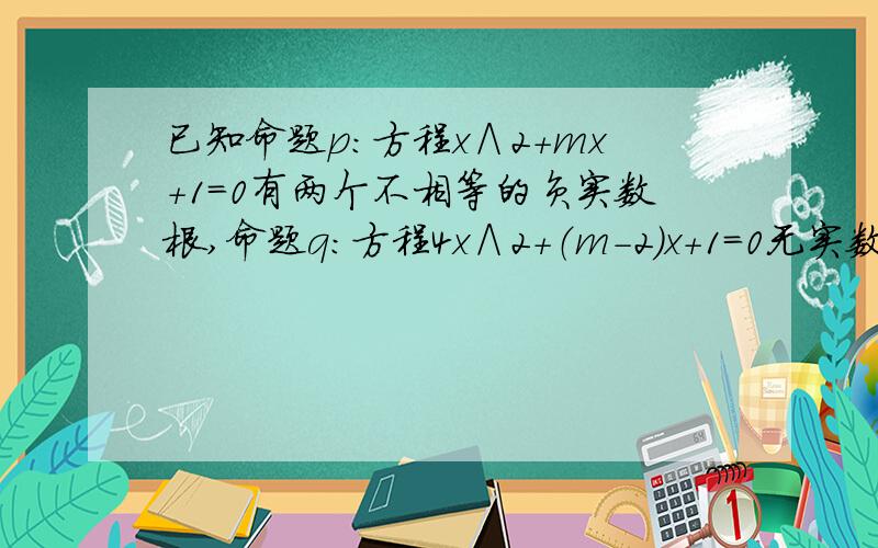 已知命题p：方程x∧2＋mx＋1=0有两个不相等的负实数根,命题q：方程4x∧2+（m-2）x＋1=0无实数根,若＂p或