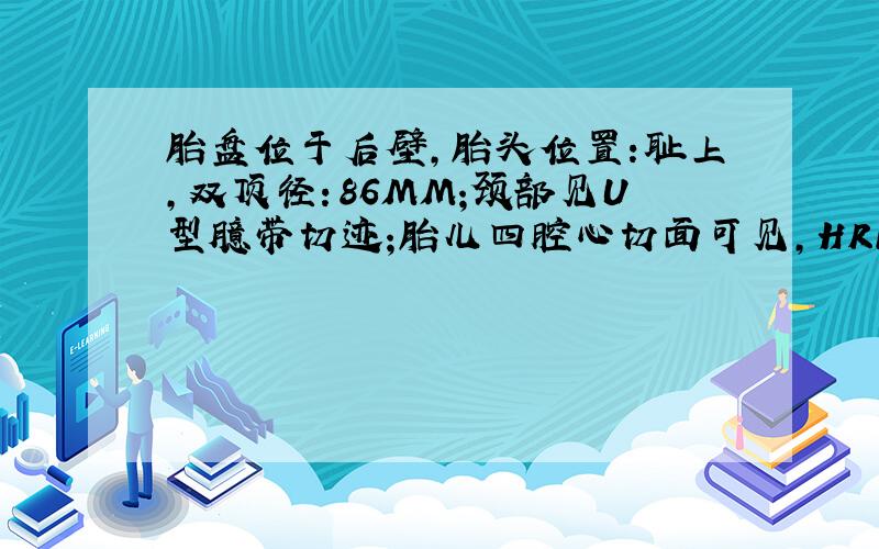 胎盘位于后壁,胎头位置:耻上,双顶径：86MM;颈部见U型臆带切迹;胎儿四腔心切面可见,HR144bpm 胸腹腔：未见明