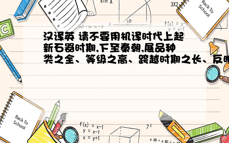 汉译英 请不要用机译时代上起新石器时期,下至秦朝,展品种类之全、等级之高、跨越时期之长、反映内容之广为近年少有