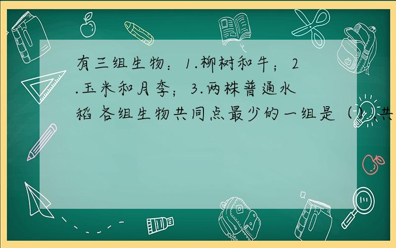 有三组生物：1.柳树和牛；2.玉米和月季；3.两株普通水稻 各组生物共同点最少的一组是（）,共同点最多的一