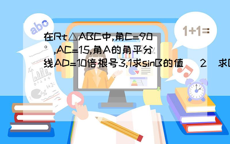 在Rt△ABC中,角C=90°,AC=15,角A的角平分线AD=10倍根号3,1求sinB的值 （2）求BD的长