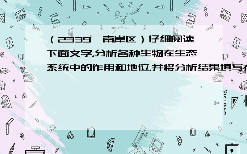 （2339•南岸区）仔细阅读下面文字，分析各种生物在生态系统中的作用和地位，并将分析结果填写在最后的表格空白处．