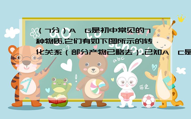 （7分）A—G是初中常见的7种物质，它们有如下图所示的转化关系（部分产物已略去）。已知A、C是无色液体，B、F是无色气体