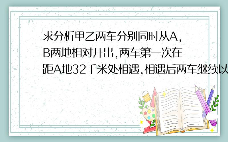 求分析甲乙两车分别同时从A,B两地相对开出,两车第一次在距A地32千米处相遇,相遇后两车继续以原速前进,各自到达B,A两