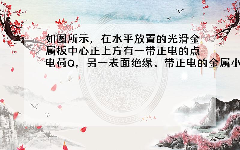 如图所示，在水平放置的光滑金属板中心正上方有一带正电的点电荷Q，另一表面绝缘、带正电的金属小球（可视为质点，且不影响原电