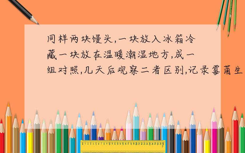 同样两块馒头,一块放入冰箱冷藏一块放在温暖潮湿地方,成一组对照,几天后观察二者区别,记录霉菌生长情