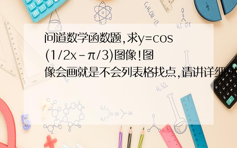 问道数学函数题,求y=cos(1/2x-π/3)图像!图像会画就是不会列表格找点,请讲详细列表方法