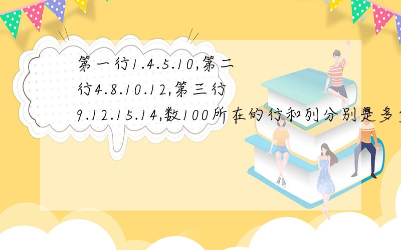 第一行1.4.5.10,第二行4.8.10.12,第三行9.12.15.14,数100所在的行和列分别是多少