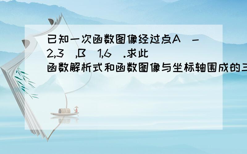 已知一次函数图像经过点A(-2,3）,B（1,6）.求此函数解析式和函数图像与坐标轴围成的三角形的面积