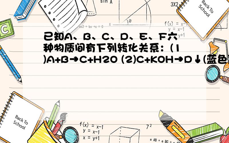 已知A、B、C、D、E、F六种物质间有下列转化关系：(1)A+B→C+H2O (2)C+KOH→D↓(蓝色)+E 详见补