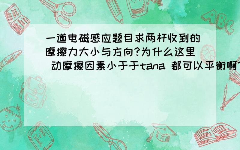 一道电磁感应题目求两杆收到的摩擦力大小与方向?为什么这里 动摩擦因素小于于tana 都可以平衡啊?两条电阻不计的导轨&n