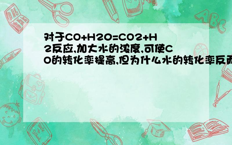 对于CO+H20=CO2+H2反应,加大水的浓度,可使CO的转化率提高,但为什么水的转化率反而降低