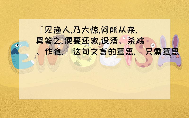 「见渔人,乃大惊,问所从来.具答之.便要还家,设酒、杀鸡、作食.」这句文言的意思.（只需意思）