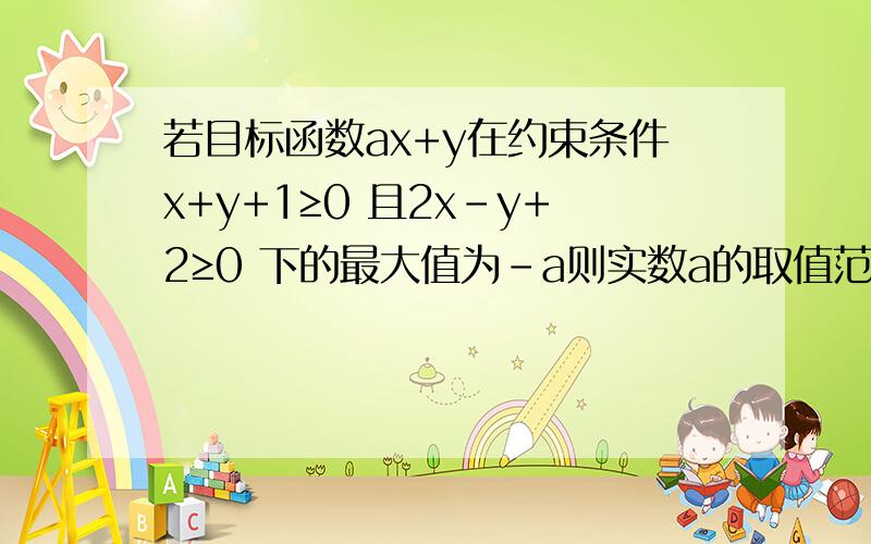 若目标函数ax+y在约束条件x+y+1≥0 且2x-y+2≥0 下的最大值为-a则实数a的取值范围 正确答案是a≤-2