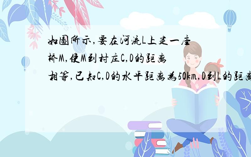 如图所示,要在河流L上建一座桥M,使M到村庄C,D的距离相等,已知C,D的水平距离为50km,D到L的距离DB=30km