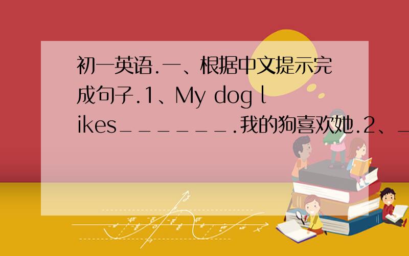 初一英语.一、根据中文提示完成句子.1、My dog likes______.我的狗喜欢她.2、_____like___