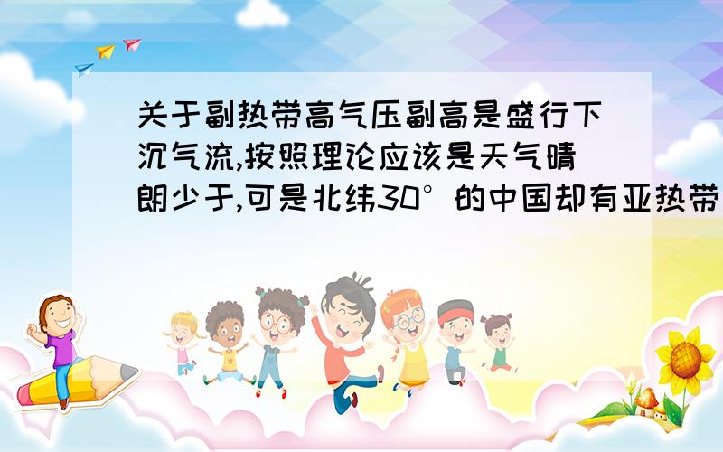 关于副热带高气压副高是盛行下沉气流,按照理论应该是天气晴朗少于,可是北纬30°的中国却有亚热带季风气候,而北非又是热带沙