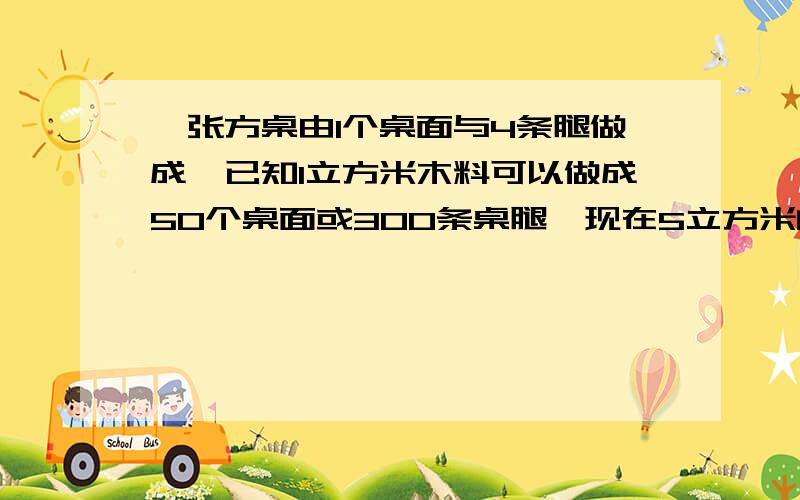 一张方桌由1个桌面与4条腿做成,已知1立方米木料可以做成50个桌面或300条桌腿,现在5立方米的木料,