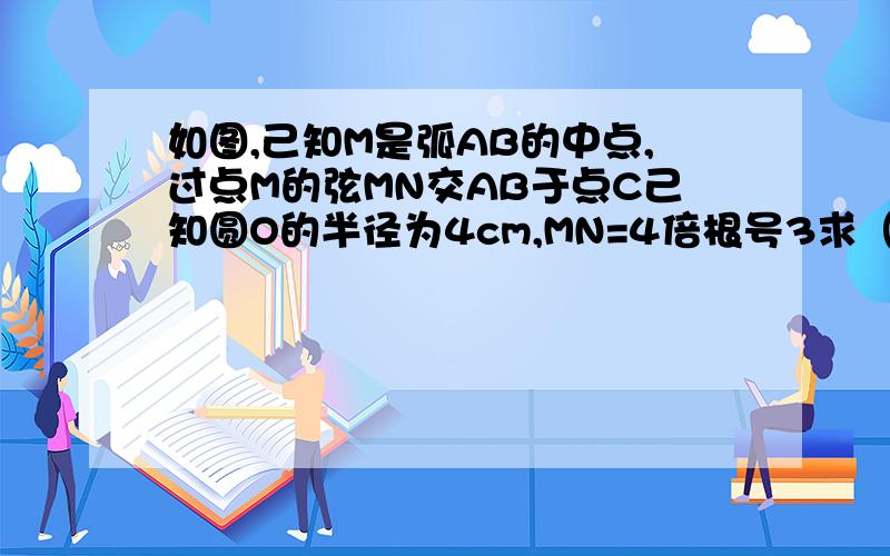 如图,己知M是弧AB的中点,过点M的弦MN交AB于点C己知圆O的半径为4cm,MN=4倍根号3求（1）弧MN所对的圆心角