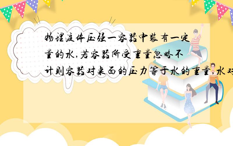 物理液体压强一容器中装有一定量的水,若容器所受重量忽略不计则容器对桌面的压力等于水的重量,水对容器底部的压力小于水的重量