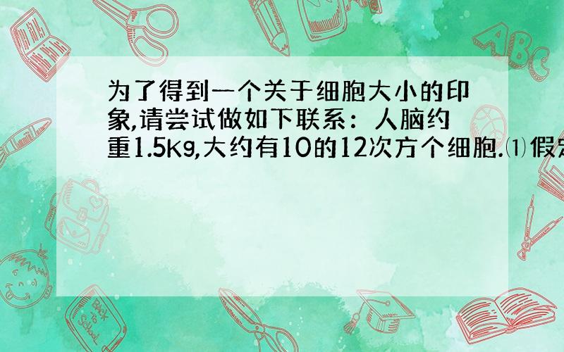 为了得到一个关于细胞大小的印象,请尝试做如下联系：人脑约重1.5Kg,大约有10的12次方个细胞.⑴假定每个细胞都完全装